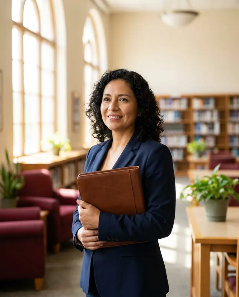 Profesional ecuatoriana sonriente con carpeta en una biblioteca universitaria